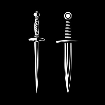 Set of Illustrations of daggers in engraving style. Design element for logo, label, emblem, sign. Vector illustration