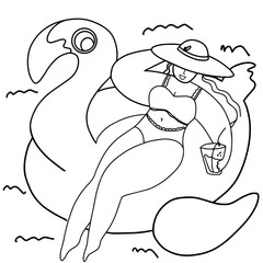 Beautiful girl in hat with cocktail floating on inflatable flamingo ring. Hello summer illustration. Relaxed young woman in a swimsuit. Summer coloring page design. Vector