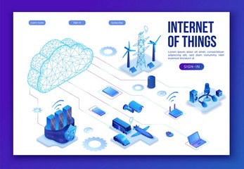 Internet of things infographic illustration, neon blue isometric 3d concept with smart technology, globe glowing icon, computer network with night glowing background