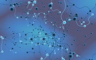 Neural network. Social network. Futuristic blue background. Abstract molecule, cell illustration, mycelium. Hi tech purple background. 3D illustration