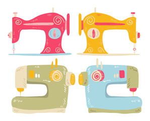 Set of hand drawn colorful sewing machines, vector illustrations