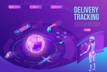 Fototapeta premium Isometric delivery service with truck, smart logistics company illustration, artificial intelligence managing transport system, robot watching screen with map, airplane, car, landing page template