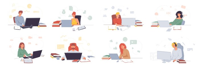 People working, studying on laptop sitting at table at home, in office scene set. Man woman freelancers, employee worker, executive manager, student, businesspeople. Online education, remote job