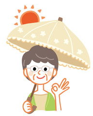 Illustration of an elderly woman with a parasol © さしみ（sashimi）