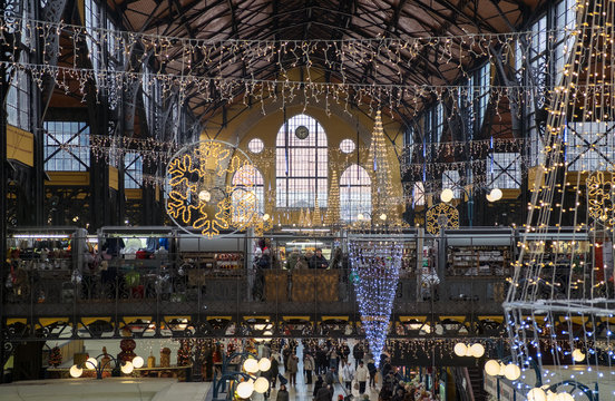 Christmas Interior of the Great Market Hall (Nagycsarnok). Budapest Hungary