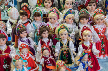 Traditional Hungarian souvenir dolls at gift store. Great Market Hall - food market in Budapest