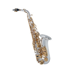 Fototapeta na wymiar Nickel Gold Alto Saxophone, Woodwind Music Instrument Isolated on White background