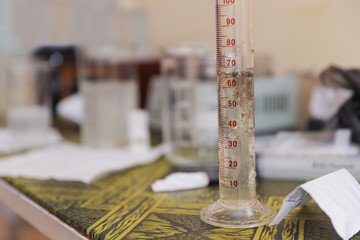Chemical laboratory concept. Flocculant testing at treatment facilities. Russia.