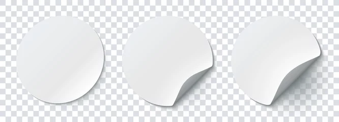 Fotobehang Mockup realistic paper round stickers white colors with curved corner and shadow. White round sticker on a transparent background. Vector illustration EPS10 © fenskey