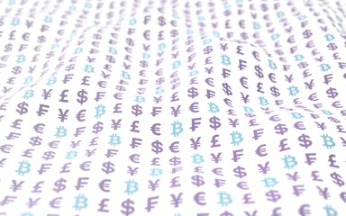 Bitcoin and currency on a white background. Digital crypto currency symbol. Wave effect, currency market fluctuations. Business concept. 3D illustration