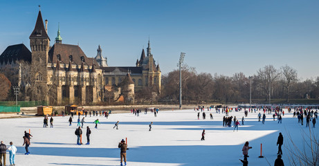 Obraz premium Panoramic view of people on ice skating rink near the Vajdahunyad Castle. Budapest, Hungary.