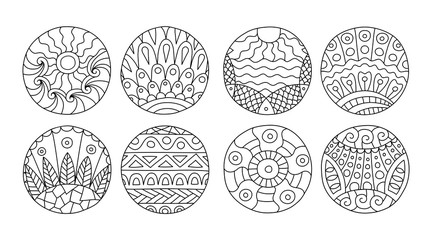 Coloring page with circles filled with different doodles