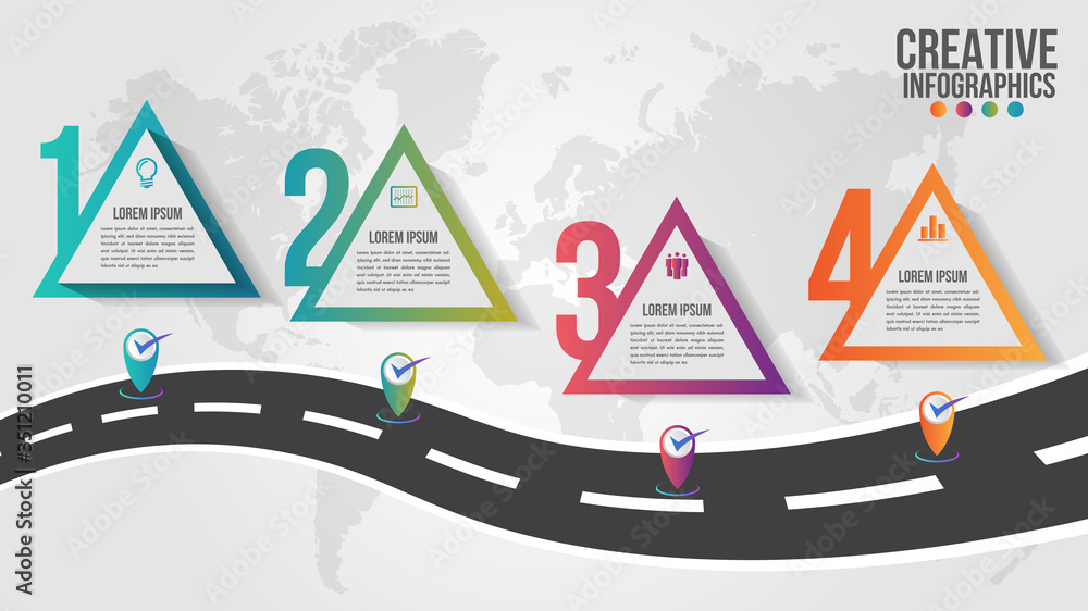 Poster world map business infographics 5 step options vector illustration and design template with pointer 