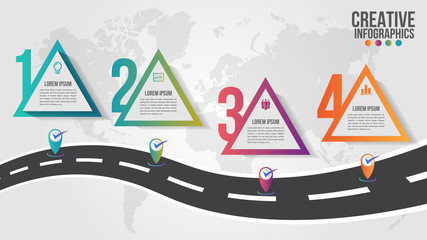 World map business infographics 5 step options vector illustration and design template with pointer marks.Can be used for communication connect, workflow layout, banner, diagram, number, web design.