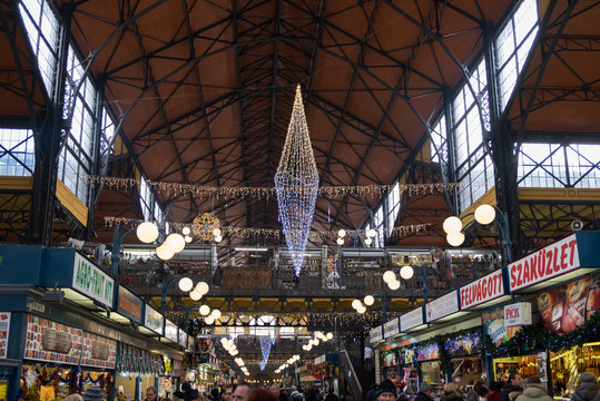 Christmas Interior of the Great Market Hall (Nagycsarnok). Budapest Hungary