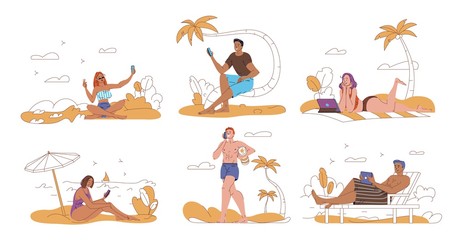 People tourist surfing internet using mobile gadgets. Man woman taking selfie, having call, watching video, networking, chatting, working online rest on beach. Digital communication, remote work
