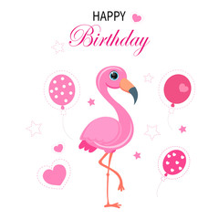 Illustration with flamingo and the inscription happy birthday. Greeting card with flamingo, balloon and the inscription. Happy birthday greeting card with flamingos, balloons.