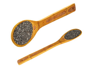 Large wooden spoon with raw chia seeds on white isolated background.