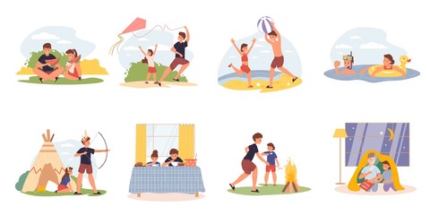 Naklejka na ściany i meble Brother sister everyday life daily activities scene set. Boy girl eat watermelon dinner, fly kite, play ball on beach indian in park, swimming in river, fry marshmallows on picnic, read fairytale