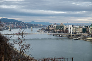Aerial view of Elizabeth Bridge on Danube river. Budapest, Hungary