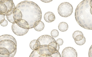 Bitcoin economic financial bubble. crypto currency 3D illustration. Business concept. Gold bubbles on white background. Bit, Coin, mining concept