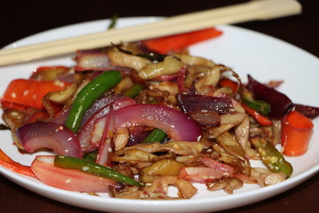 Mushroom Salad, oyster mushrooms, Fresh garden mix vegetables, with herb and sesame