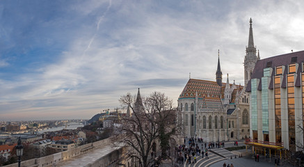 Obraz premium Panoramic view of the Fisherman's Bastion(Buda Castle). Castle Hill District (Varhegy), Buda, Budapest, Hungary