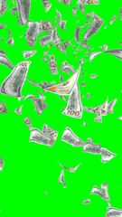 Flying dollars banknotes isolated on chromakey. Money is flying in the air. 100 US banknotes new sample. Vertical orientation. 3D illustration