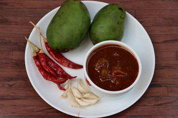 Raw mango sweet and sour chutney, Indian food