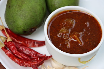 Raw mango sweet and sour chutney, Indian food