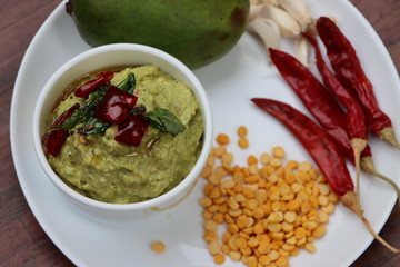 Green mango chutney, raw mango chutney, Indian chutney prepared from unripe mangoes, tangy and sour