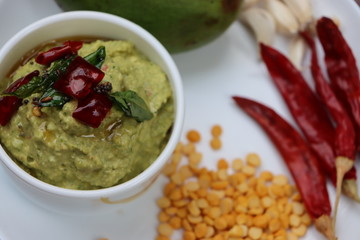 Green mango chutney, raw mango chutney, Indian chutney prepared from unripe mangoes, tangy and sour