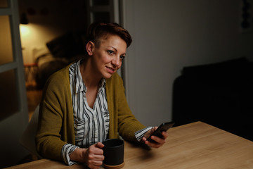 woman using mobile phone at home, evening scene