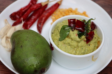 Green mango chutney, raw mango chutney, Indian chutney prepared from unripe mangoes, tangy and sour