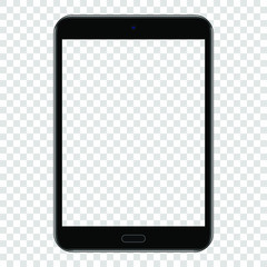 Realistic black tablet front perspective view with with blank screen on transparent background. Template for infographics, presentation or mobile app. UI interface design. Stock vector illustration.