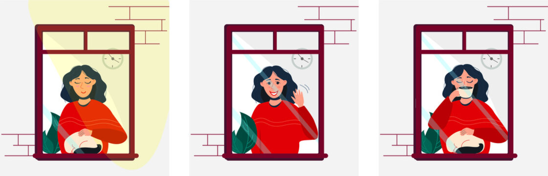 set of illustrations, a girl looks out of the window, drinks coffee, basks in the rays of the sun, waves her hand, strokes a cat, quarantine at home, isolation, stay at home. vector stock illustration