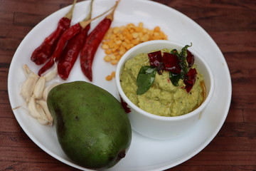 Green mango chutney, raw mango chutney, Indian chutney prepared from unripe mangoes, tangy and sour