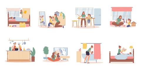 Fototapeta premium Mother preschool daughter daily life activities scene set. Parent kid morning awaking, making hairstyle, eating breakfast, playing toy doll, cooking, watching cartoons, taking bath, reading fairy tale