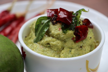 Green mango chutney, raw mango chutney, Indian chutney prepared from unripe mangoes, tangy and sour