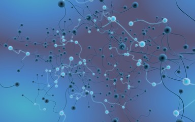 Neural network. Social network. Futuristic blue background. Abstract molecule, cell illustration, mycelium. Hi tech purple background. 3D illustration