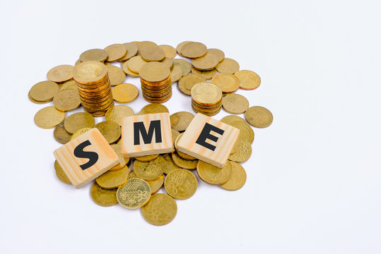 SME (Small and Medsize Enterprises), business/finance concept.Word SME written on wooden cubes.Full gold coins in chrome silver bucket on white background.
