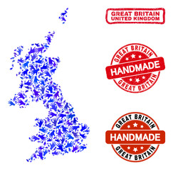 Vector handmade collage of United Kingdom map and rubber stamps. Mosaic United Kingdom map is composed of scattered blue hands. Rounded and awry red stamp imprints with corroded rubber texture.