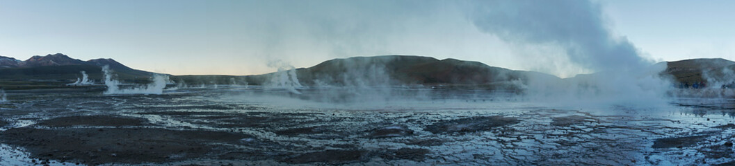 Panoramic shot at Tatio Geysers early morning.