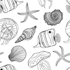Tropical fish, seashell, jellyfish and starfish vector seamless pattern. Hand drawn underwater illustration. Outline black and white exotic marine life. Cartoon doodle butterflyfish and shells