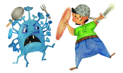 Watercolor illustration on a medical theme. Child defeats the virus. Can be used for motivational postcards, as an illustration for a website or blog, as well as for other purposes.
