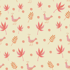 Watercolor illustration. Seamless watercolor pattern with pink birds and leaves  on a light pink background. Can be used for postcards, wrapping paper, notebook covers and other decor.