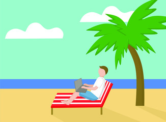 Obraz na płótnie Canvas Vector flat illustration. A man on the beach, on a sunbed under a palm tree, working on a laptop