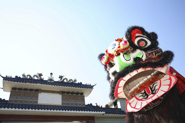 Fototapeta na wymiar Lion head costume in front of a chinese temple