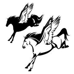 Fototapeta na wymiar pegasus winged horse flying forward - greek mythology inspiration symbol animal black and white vector design