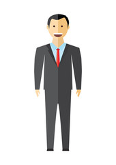 Young elegant man businessman wearing dark suit and red tie. Cartoon male character isolated on white background. Smiling face with brown eyes, black hair and big mouth with white teeth. 